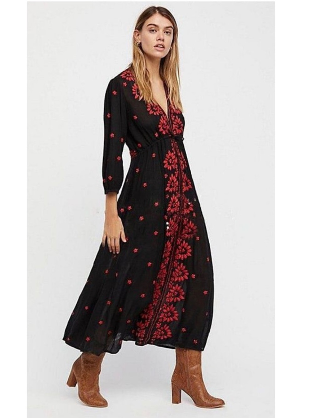 Free People Embroidered Fable Long Sleeve V-Neck Woven A-Line Midi Dress Black